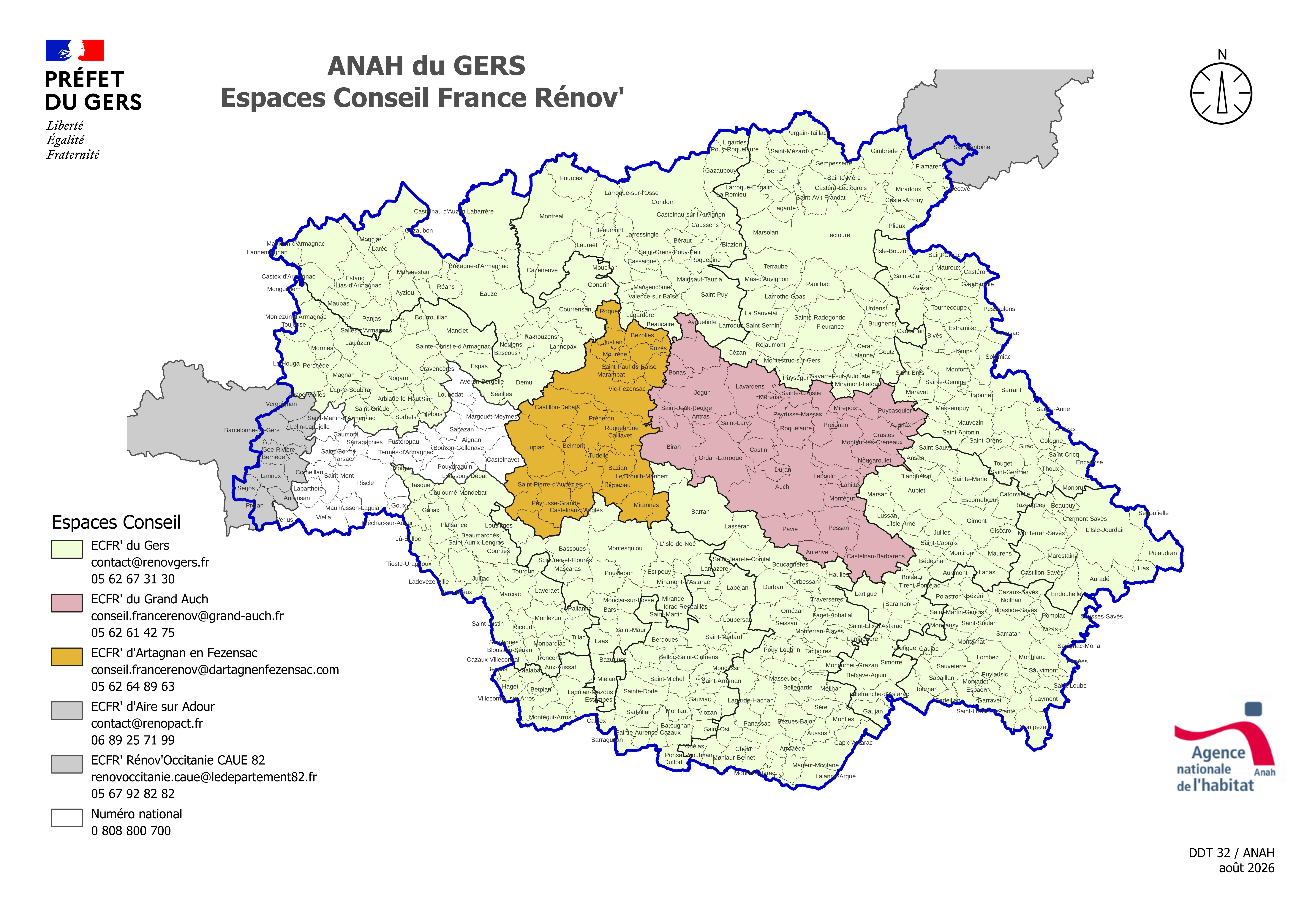 Image 2 : La carte des Espaces Conseils France Rénov' couvrant les communes du département du Gers