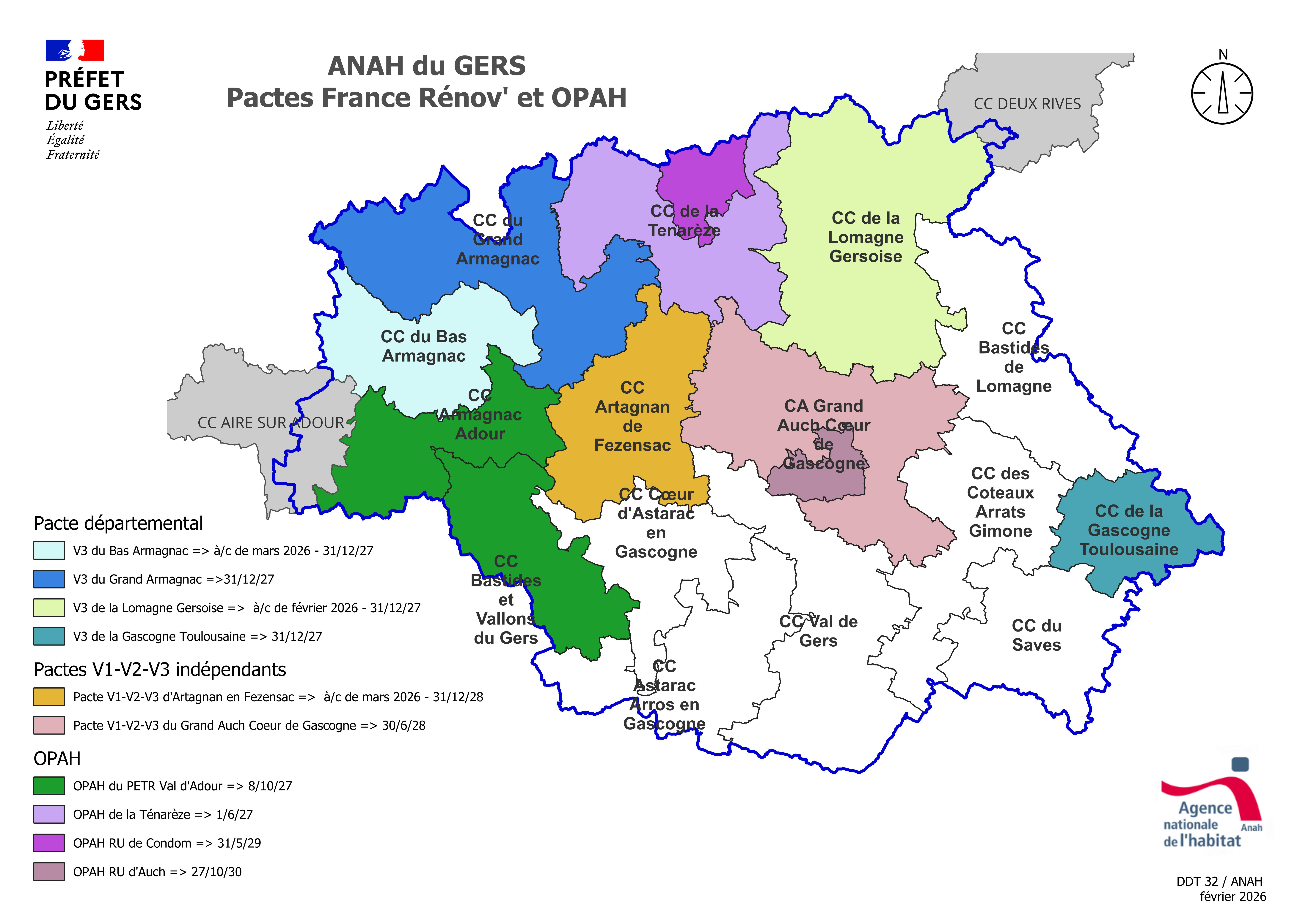 Image 1 : Carte des Pactes Territoriaux et OPAH du Gers par contractualisation