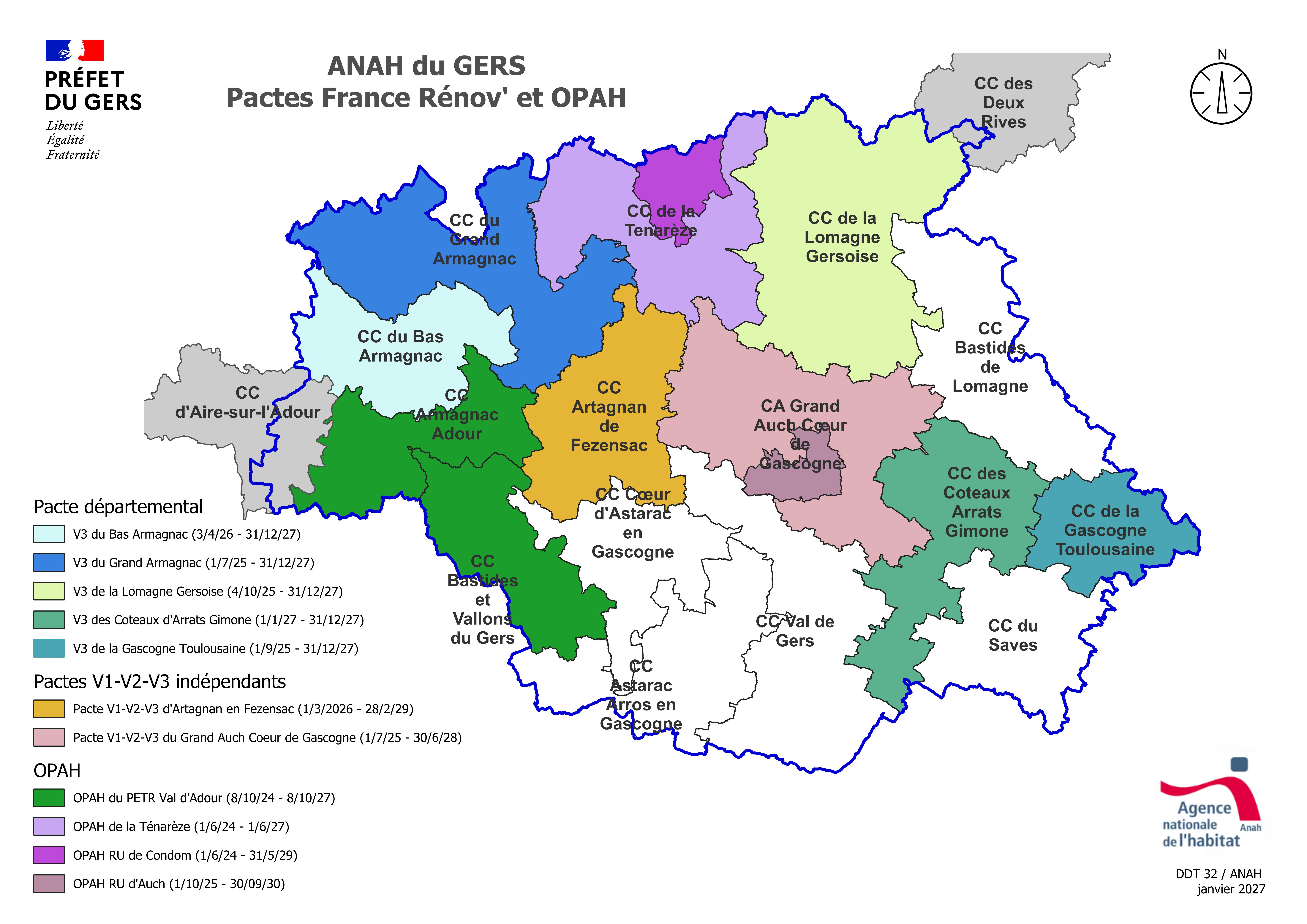 Image 3 :  Carte des Pactes Territoriaux et OPAH du Gers par contractualisation, projet 2027