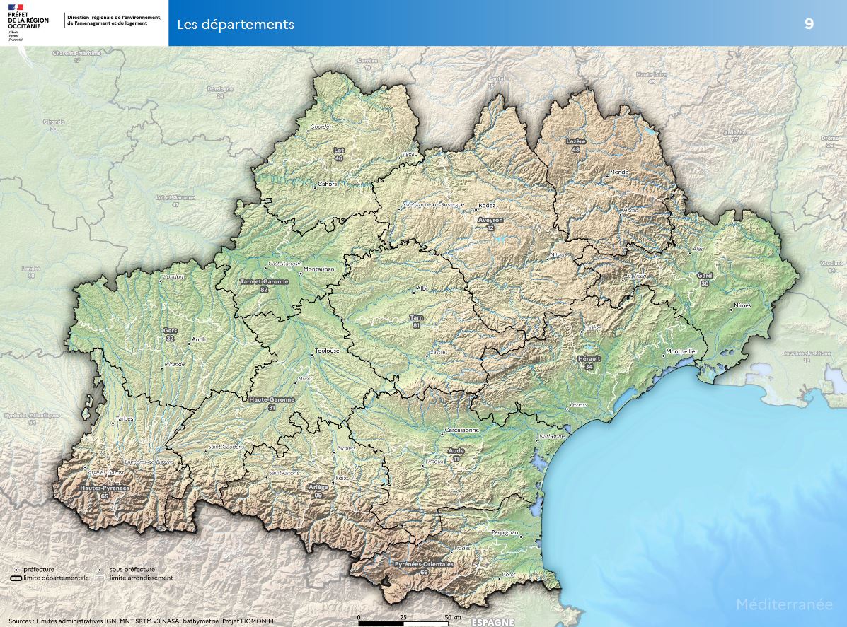 Carte des départements de la Région Occitanie
